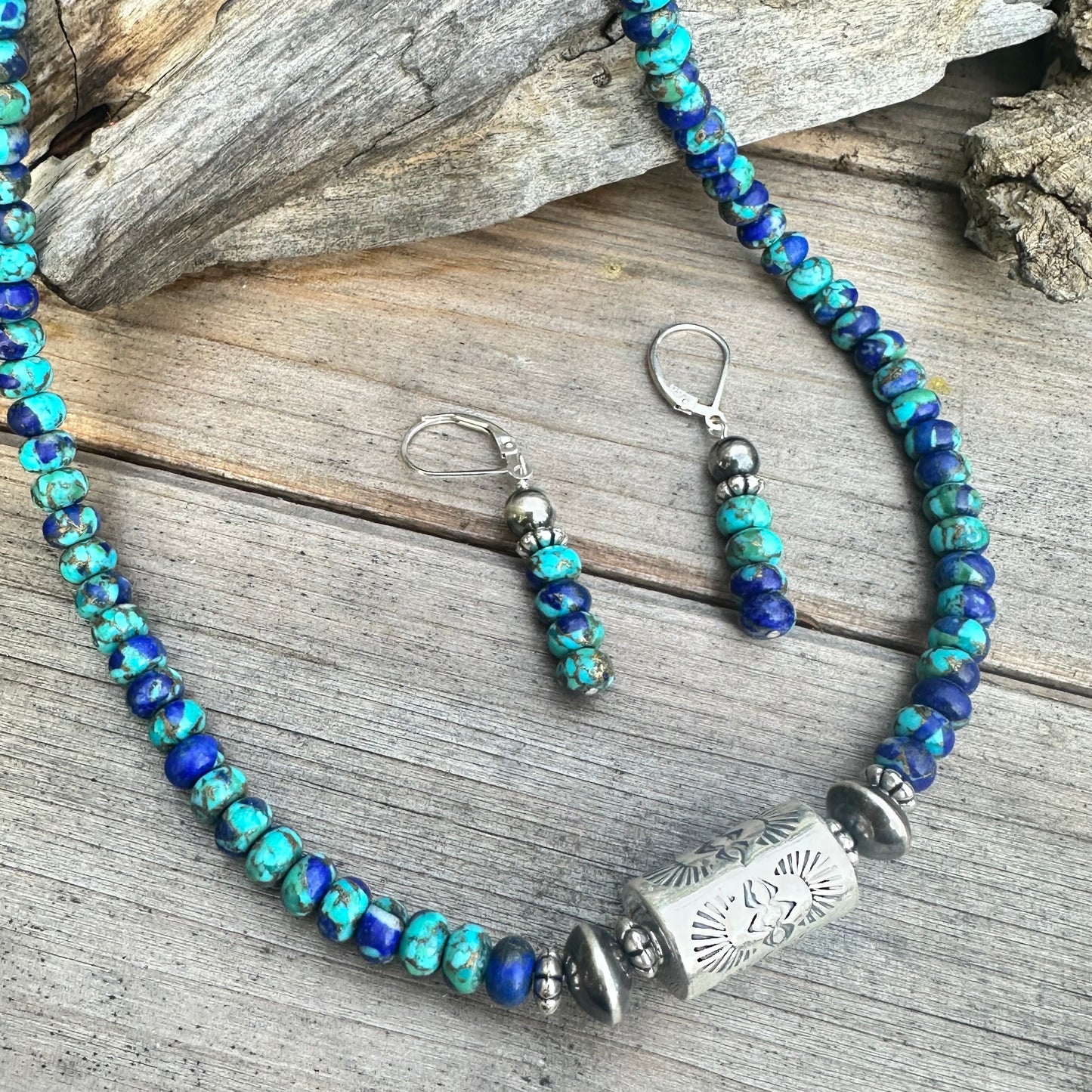 Turquoise Lapis Navajo Pearls Barrel Necklace (18”-20”)