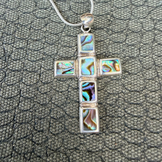 Sale - 1.9" Abalone Sterling Silver Cross Pendant on 18" Sterling Silver Chain