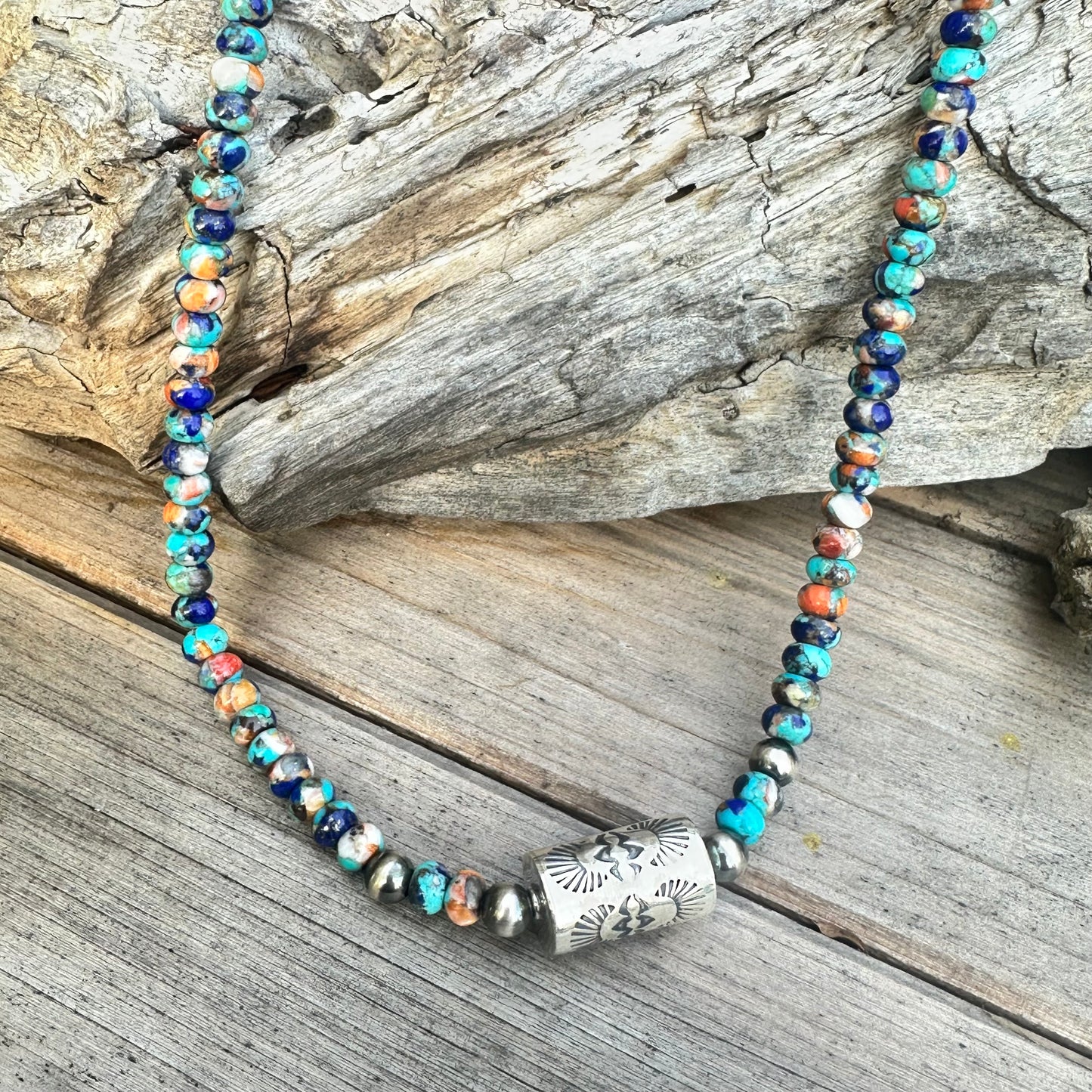 Turquoise Lapis Spiny Oyster Navajo Pearls Barrel Necklace (18”-20”)