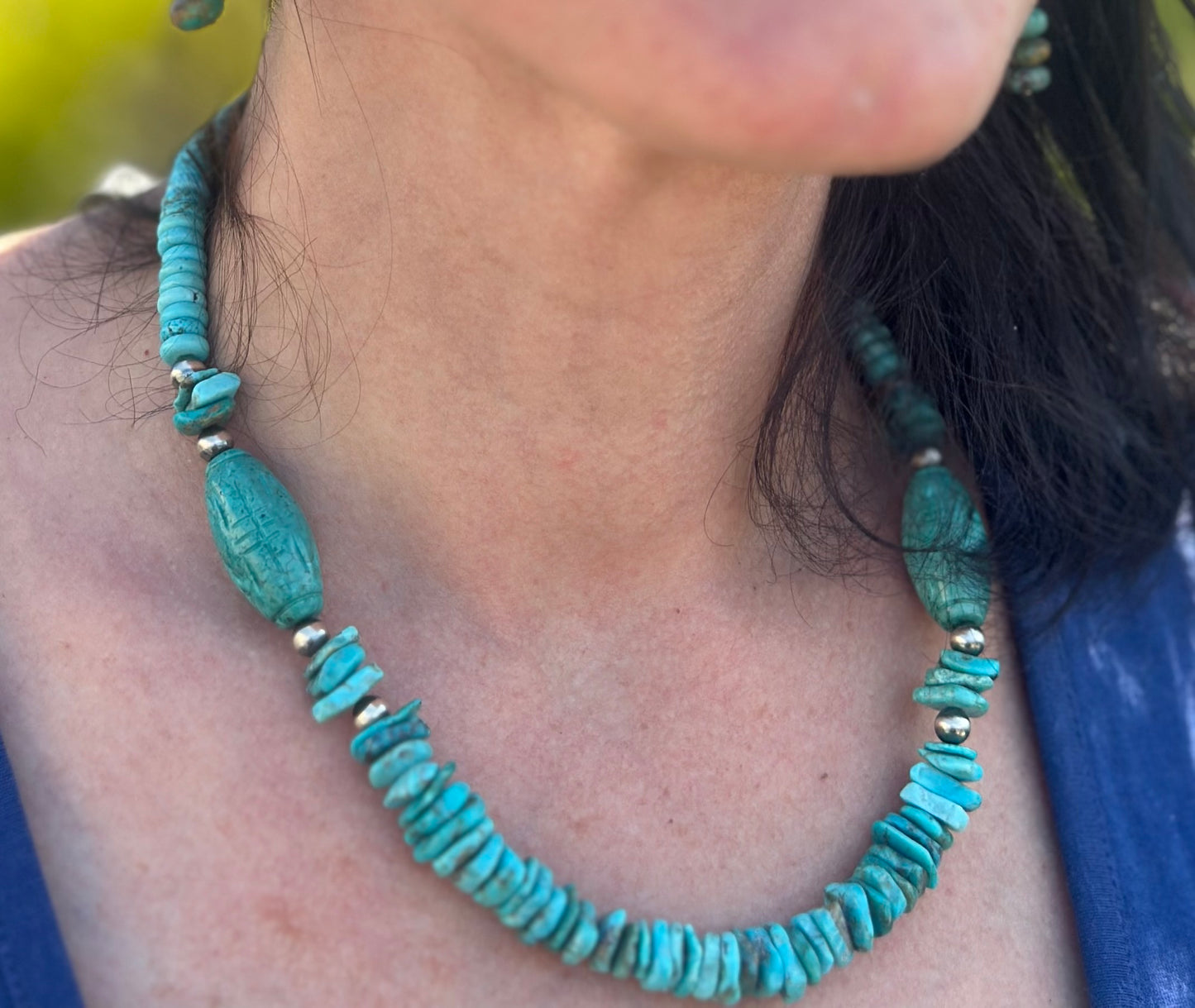 Carved Turquoise Navajo Pearl Statement Necklace (22"-24")