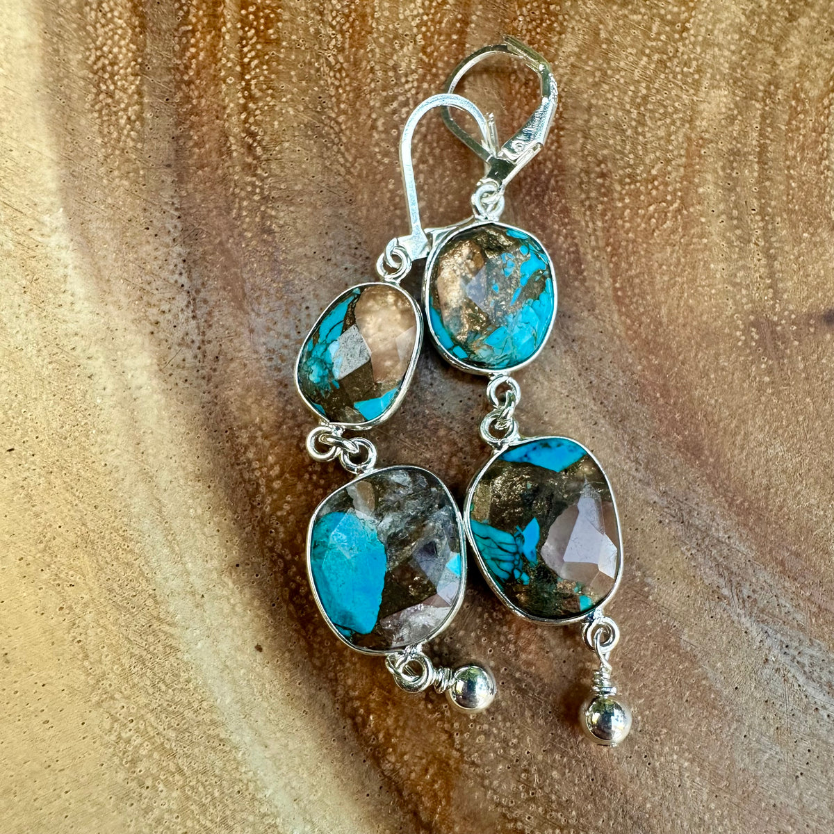 Lapis, Copper, Turquoise Sterling Earrings (2.5”)