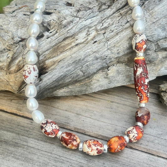 Tibetan Agate Pearl Necklace (18”-20”)