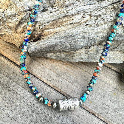 Turquoise Lapis Spiny Oyster Navajo Pearls Barrel Necklace (18”-20”)