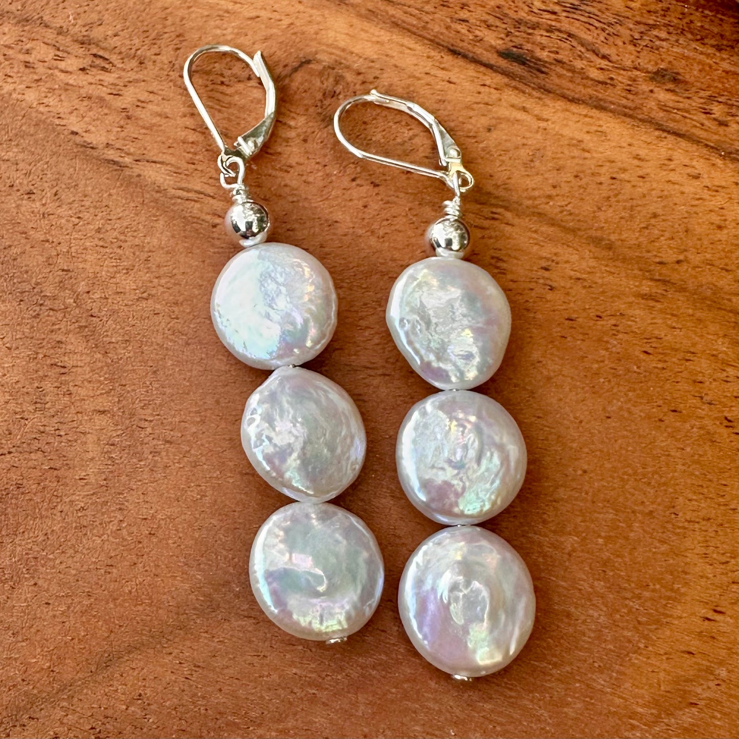 Triple Button Pearl Drop Earrings 2.3"