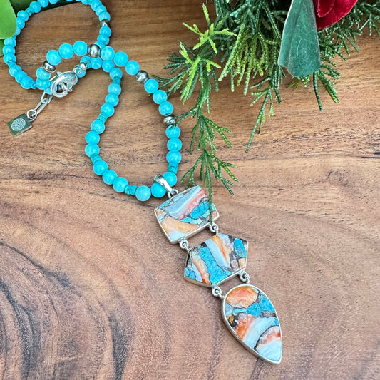 Turquoise Spiny Oyster Sterling Silver Necklace (18”-20”)