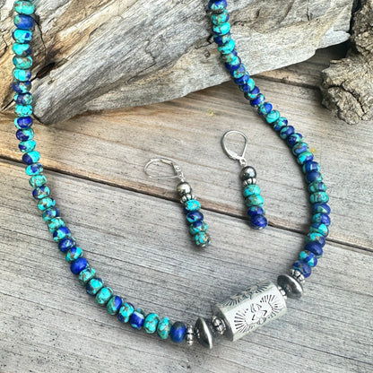 Turquoise Lapis Navajo Pearls Barrel Necklace (18”-20”)
