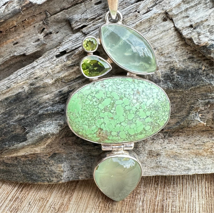 Gaspeite, Chalcedony Peridot Pendant 3” Necklace (18