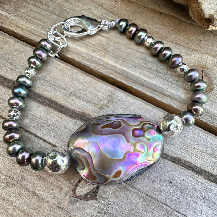 B0339. Abalone Pearls Sterling Silver Bracelet