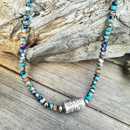 Turquoise Lapis Spiny Oyster Navajo Pearls Barrel Necklace (18”-20”)