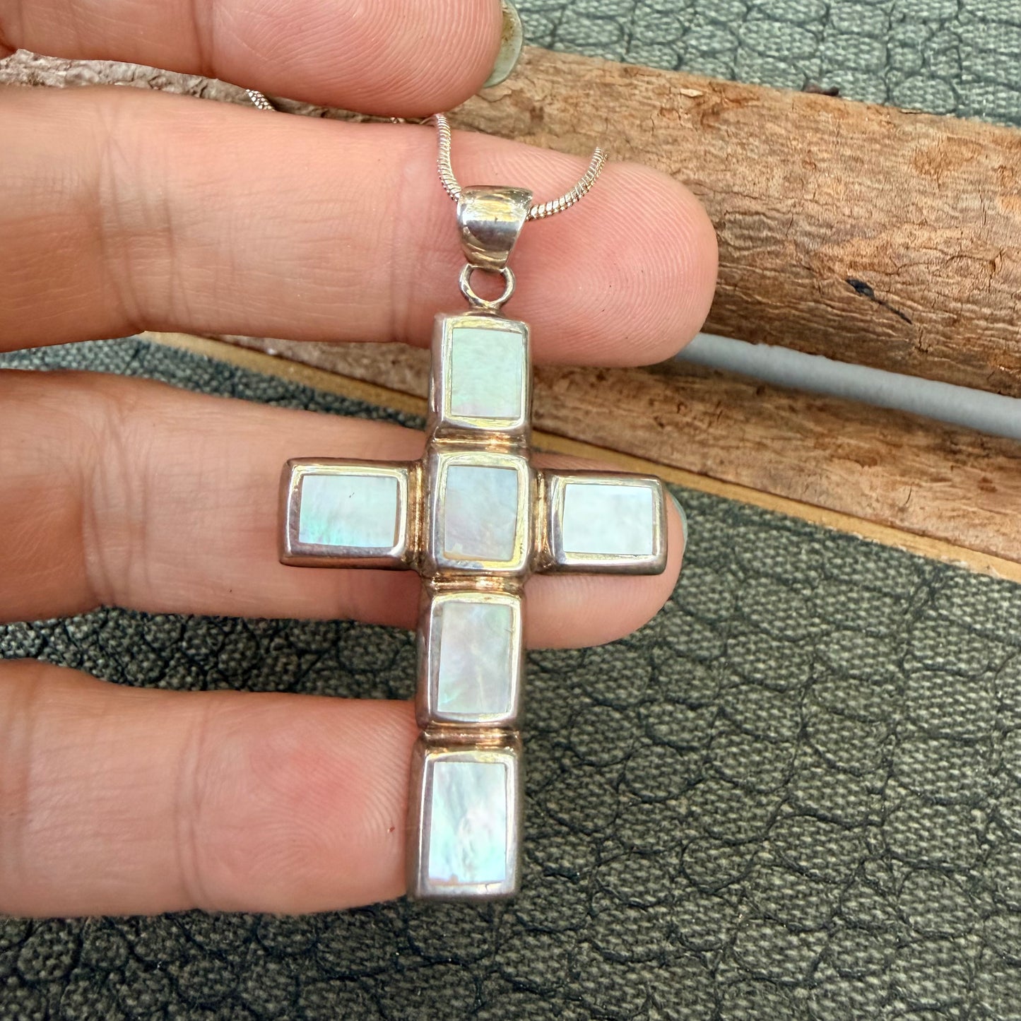 Sale - 1.9"  Mother of Pearl Sterling Silver Cross Pendant on 18" Sterling Silver Chain