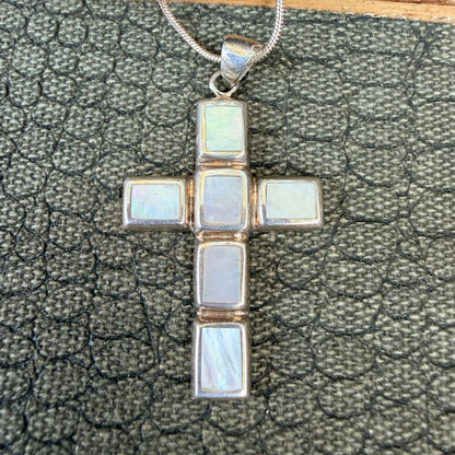 Sale - 1.9"  Mother of Pearl Sterling Silver Cross Pendant on 18" Sterling Silver Chain