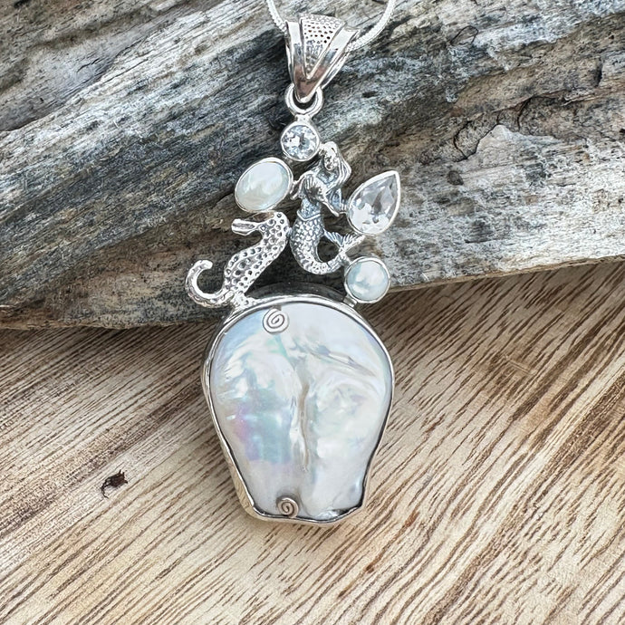 Mermaid Seahorse Baroque Pearls 2.5” Necklace