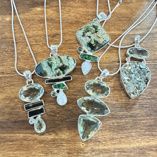 Green Amethyst  Kyanite Pendant Necklace 2”