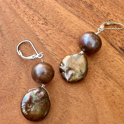 Chocolate Pearl Earrings 1.75"