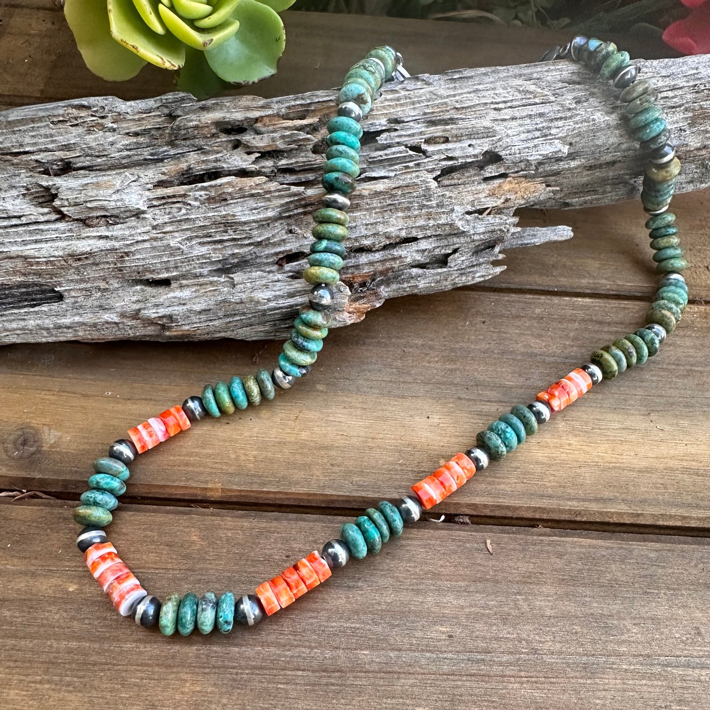 N0818   Navajo Pearl Turquoise Spiny Oyster Oxidized Necklace (18”-20”)