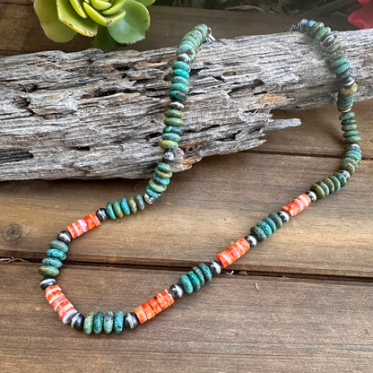 N0818   Navajo Pearl Turquoise Spiny Oyster Oxidized Necklace (18”-20”)