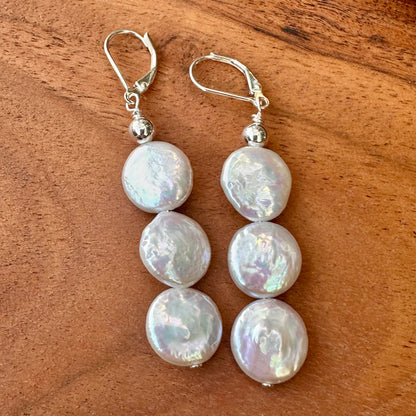 Triple Button Pearl Drop Earrings 2.3"