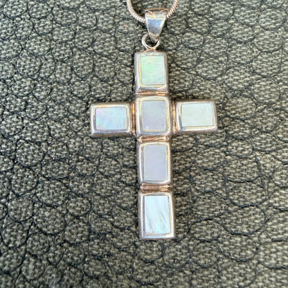 Sale - 1.9"  Mother of Pearl Sterling Silver Cross Pendant on 18" Sterling Silver Chain