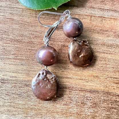 Chocolate Pearls Sterling Silver Earrings (2”)