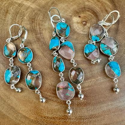 Mohave Rose Quartz Copper Turquoise Drop Earrings (2.5”)